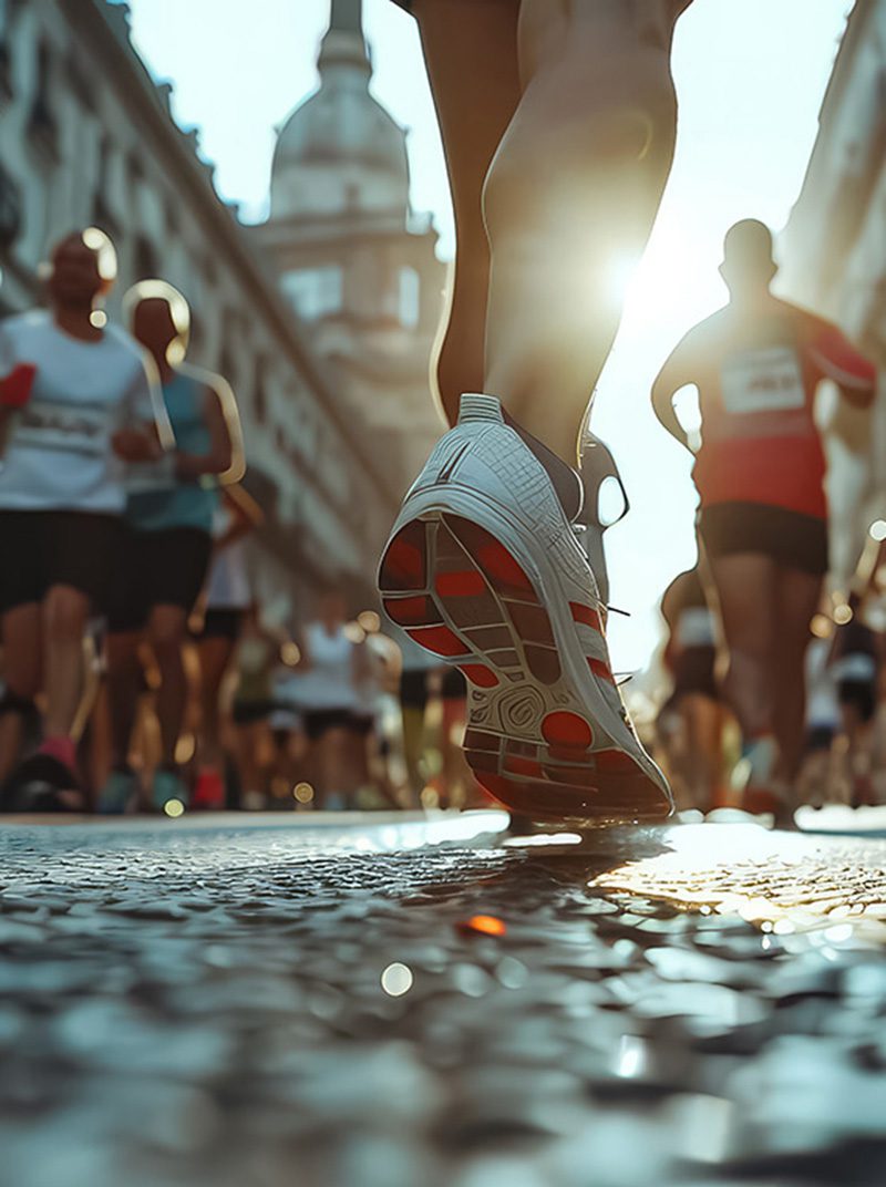A group of people are running in a city street
